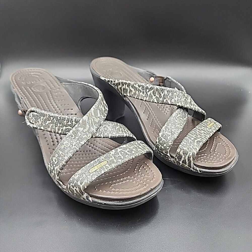 CROCS Cyprus Platform High Heel Sandals Womens Size 10 Brown Leopard Sparkle